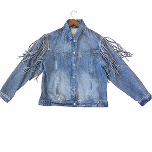 We The Free Blue Denim Jacket with Fringe